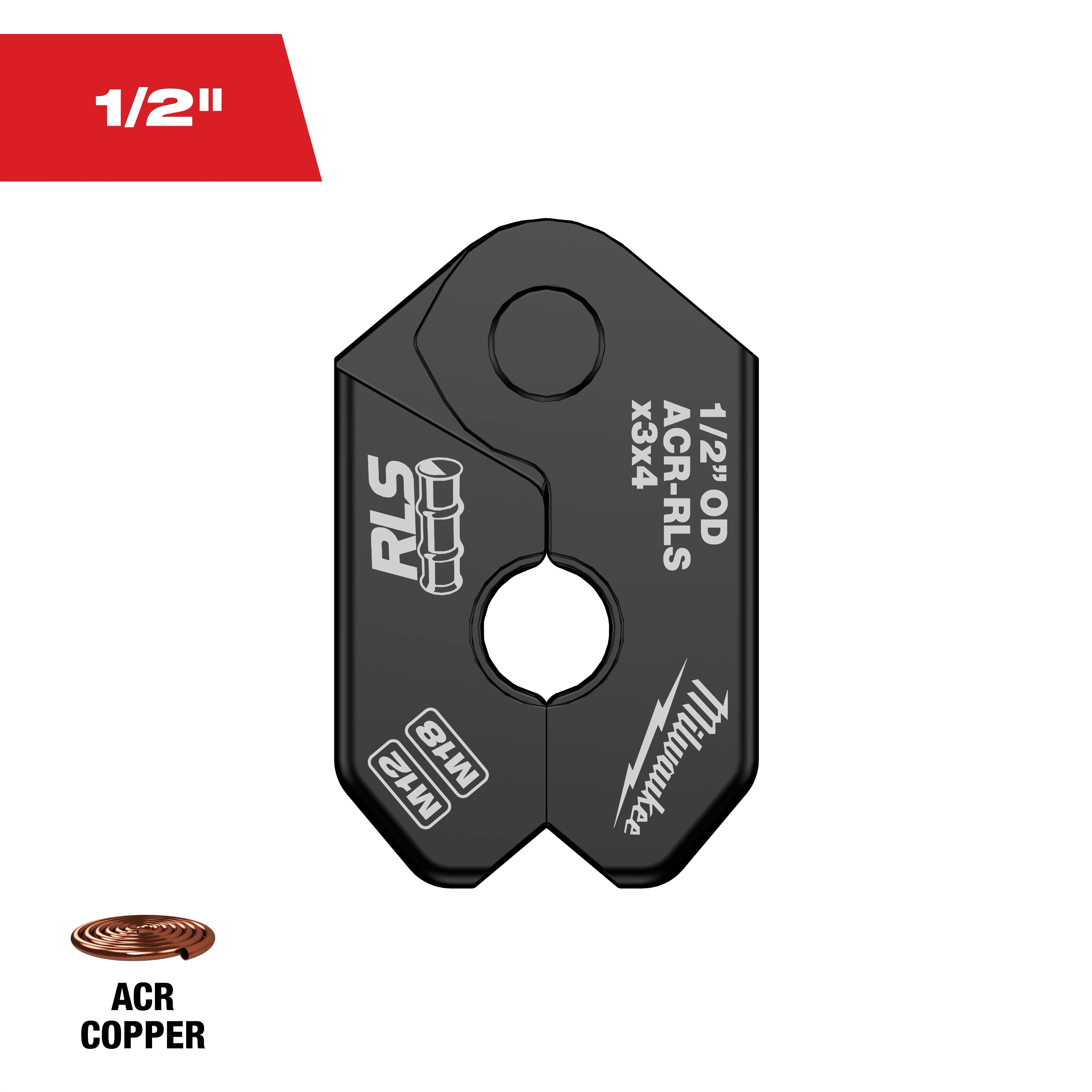The 1/2" RLS® Pivoting Press Ring is a black tool attachment designed for 1/2 inch outer diameter copper tubing. It is labeled with model number AGR-RLS X3X4 and includes markings for M12 and M18 compatibility.