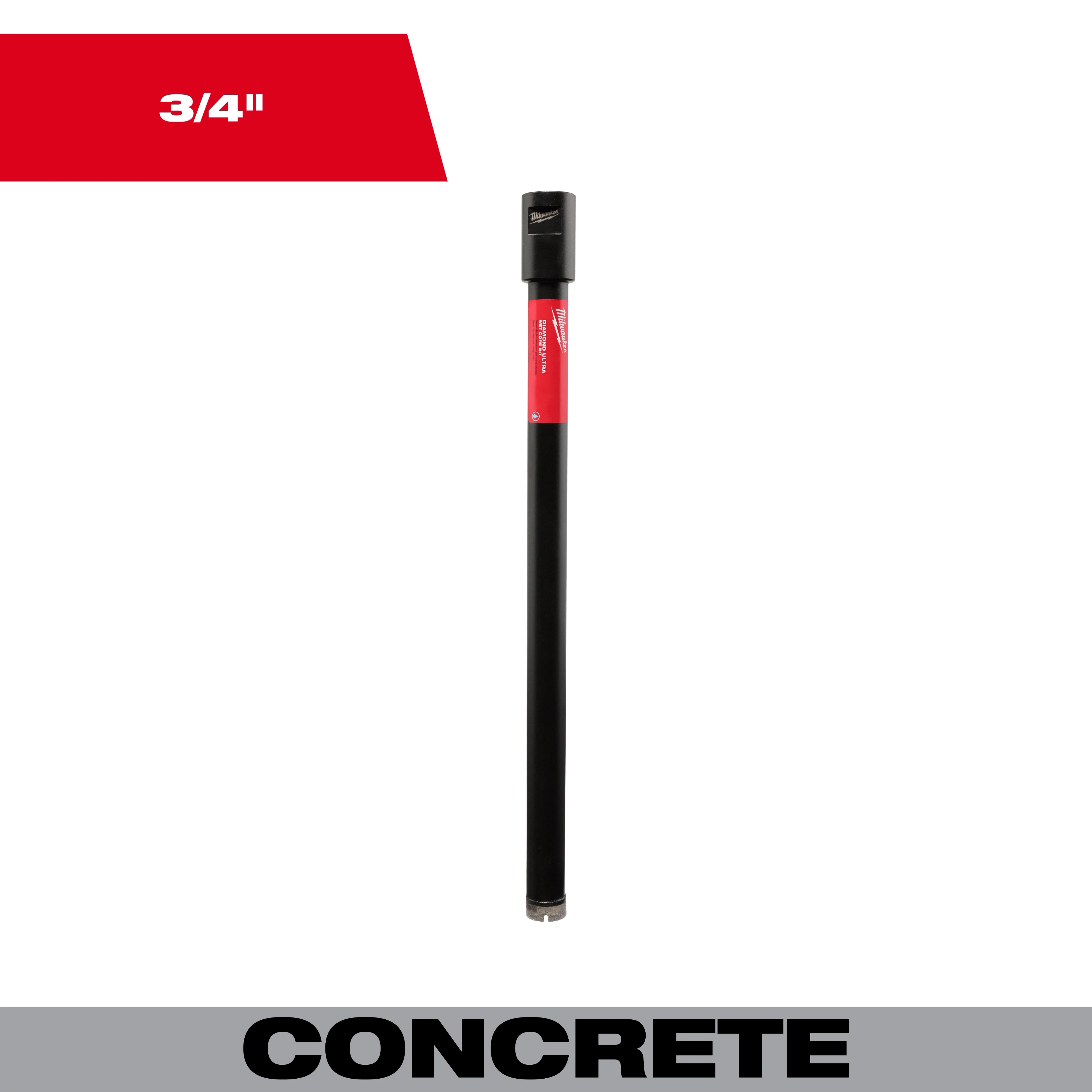 3/4" Diamond Ultra Wet Core Bit for concrete drilling, black with a red label, displayed vertically with size shown.