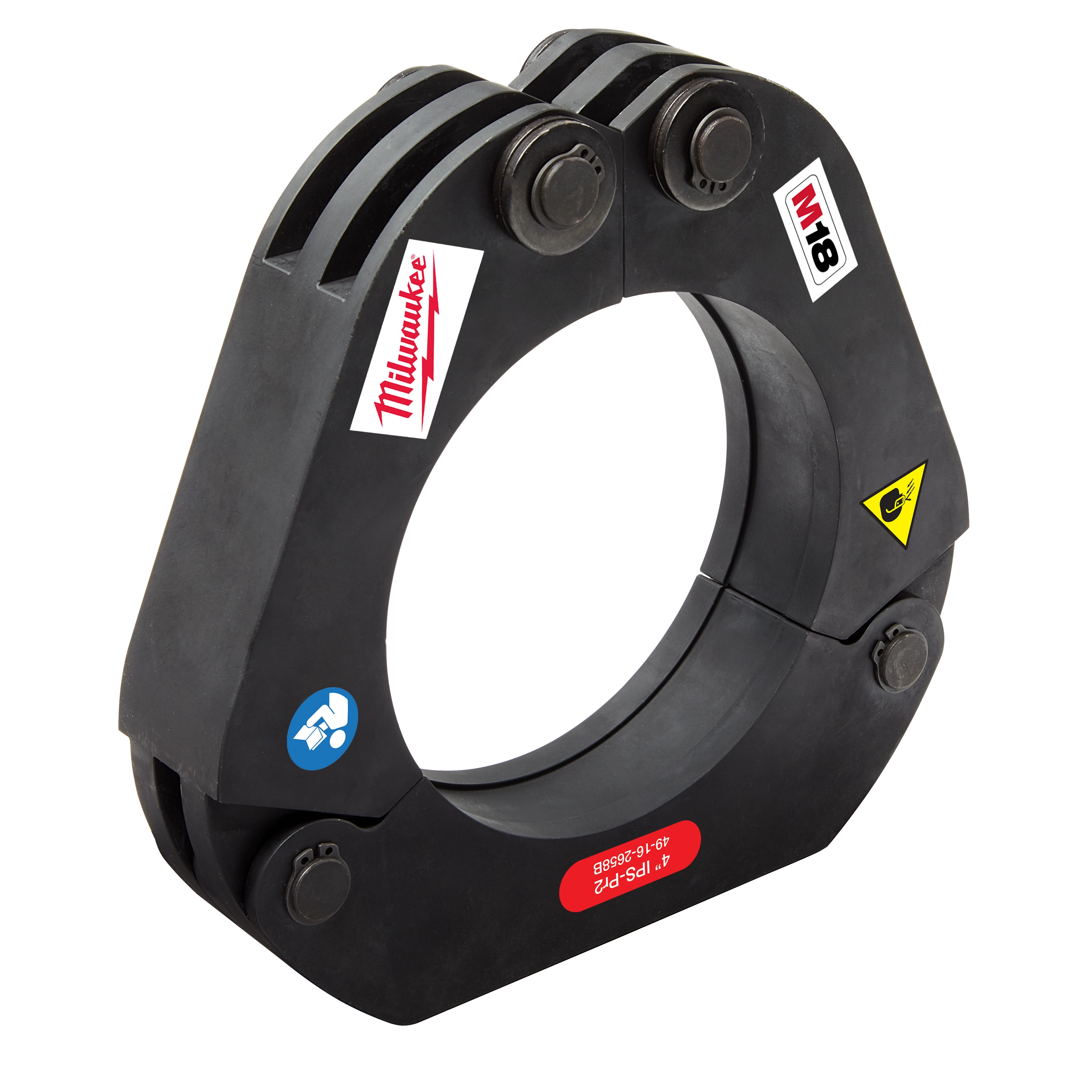 4” IPS XL Ring for M18 FORCE LOGIC Long Throw Press Tool in black, featuring various labels, bolts, and a warning symbol.