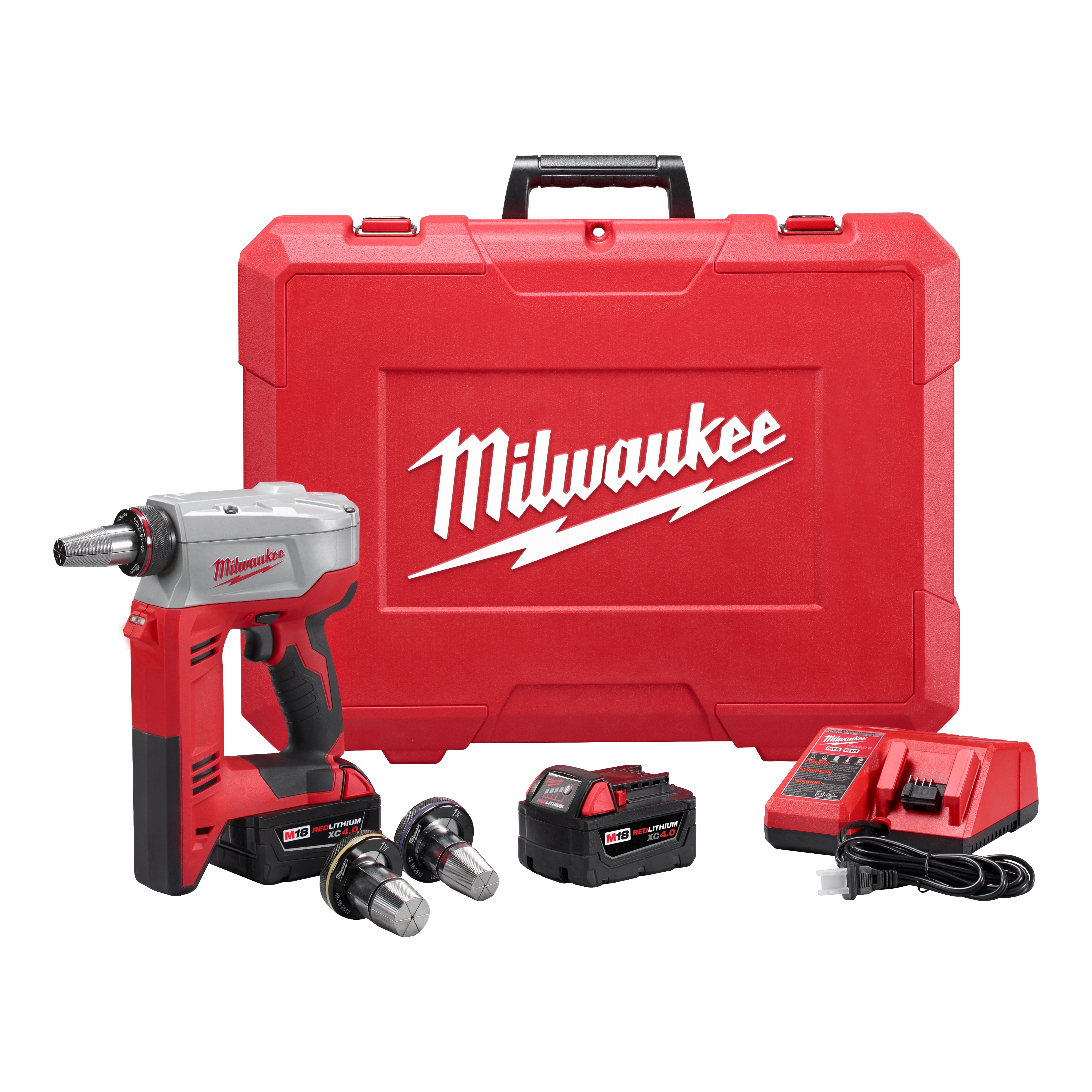 M18 ProPEX Expansion Tool, 2632 with two attachments, battery, charger, and a red carrying case with Milwaukee logo.