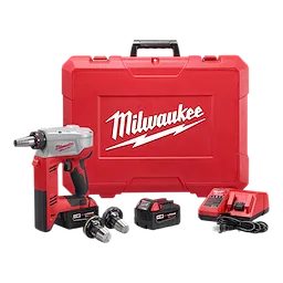 M18 ProPEX Expansion Tool, 2632 with two attachments, battery, charger, and a red carrying case with Milwaukee logo.