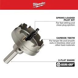 Milwaukee 2 in. Carbide Hole Cutter (1-Pack) features spring-loaded pilot bit for fast drilling and clean plug ejection, carbide teeth for longer life when cutting stainless steel and other hard materials, and a 3-flat shank for a secure grip during use.