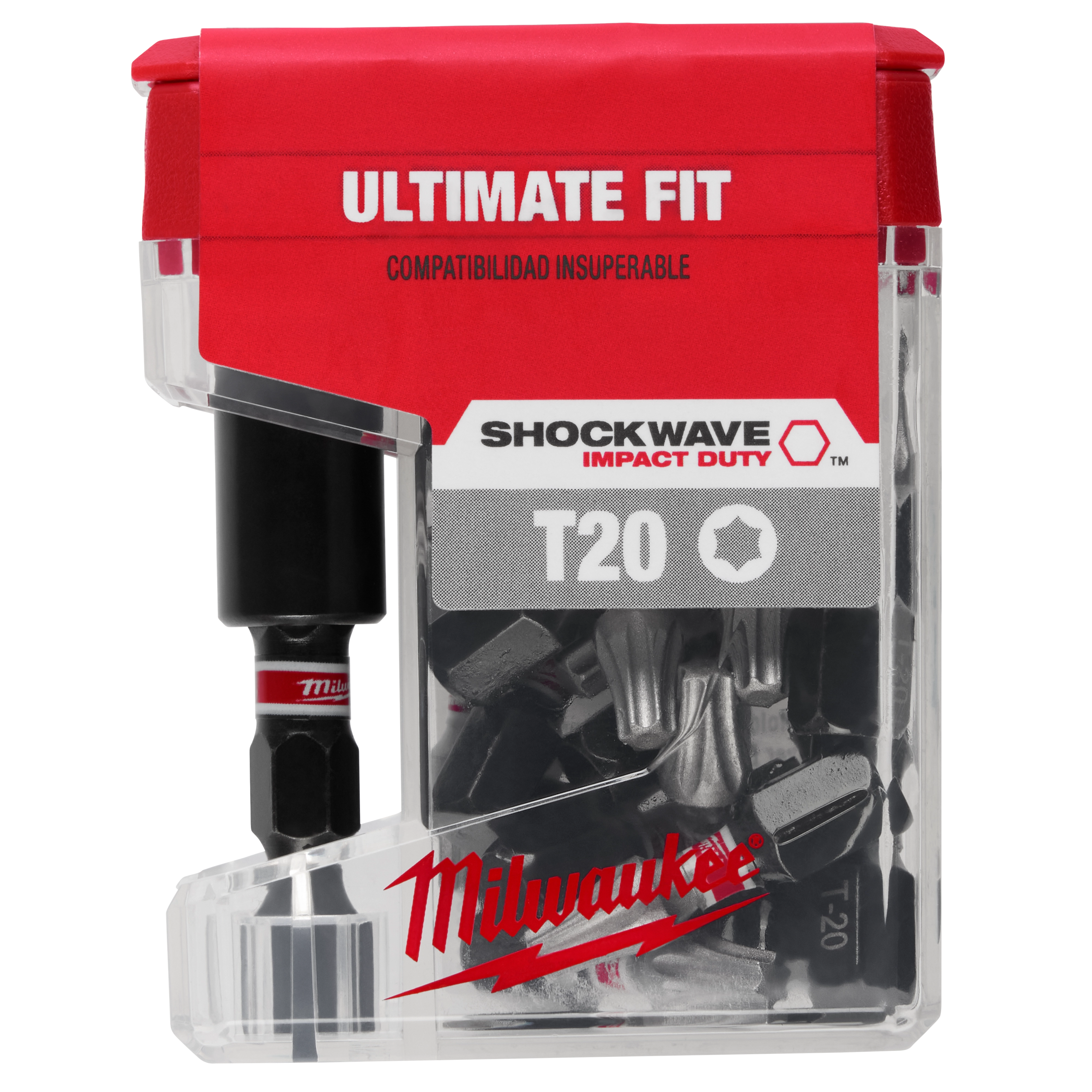 The image shows a clear plastic and red package of Milwaukee Shockwave Impact Duty T20 screwdriver bits labeled "Ultimate Fit." The packaging includes various bits inside, with a visible black and red bit holder. “Compatibilidad Insuperable” is printed on the package, indicating superior compatibility.