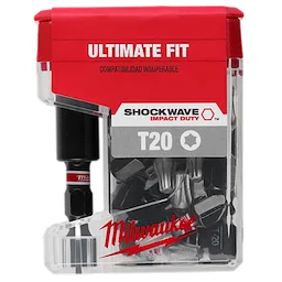 The image shows a clear plastic and red package of Milwaukee Shockwave Impact Duty T20 screwdriver bits labeled "Ultimate Fit." The packaging includes various bits inside, with a visible black and red bit holder. “Compatibilidad Insuperable” is printed on the package, indicating superior compatibility.