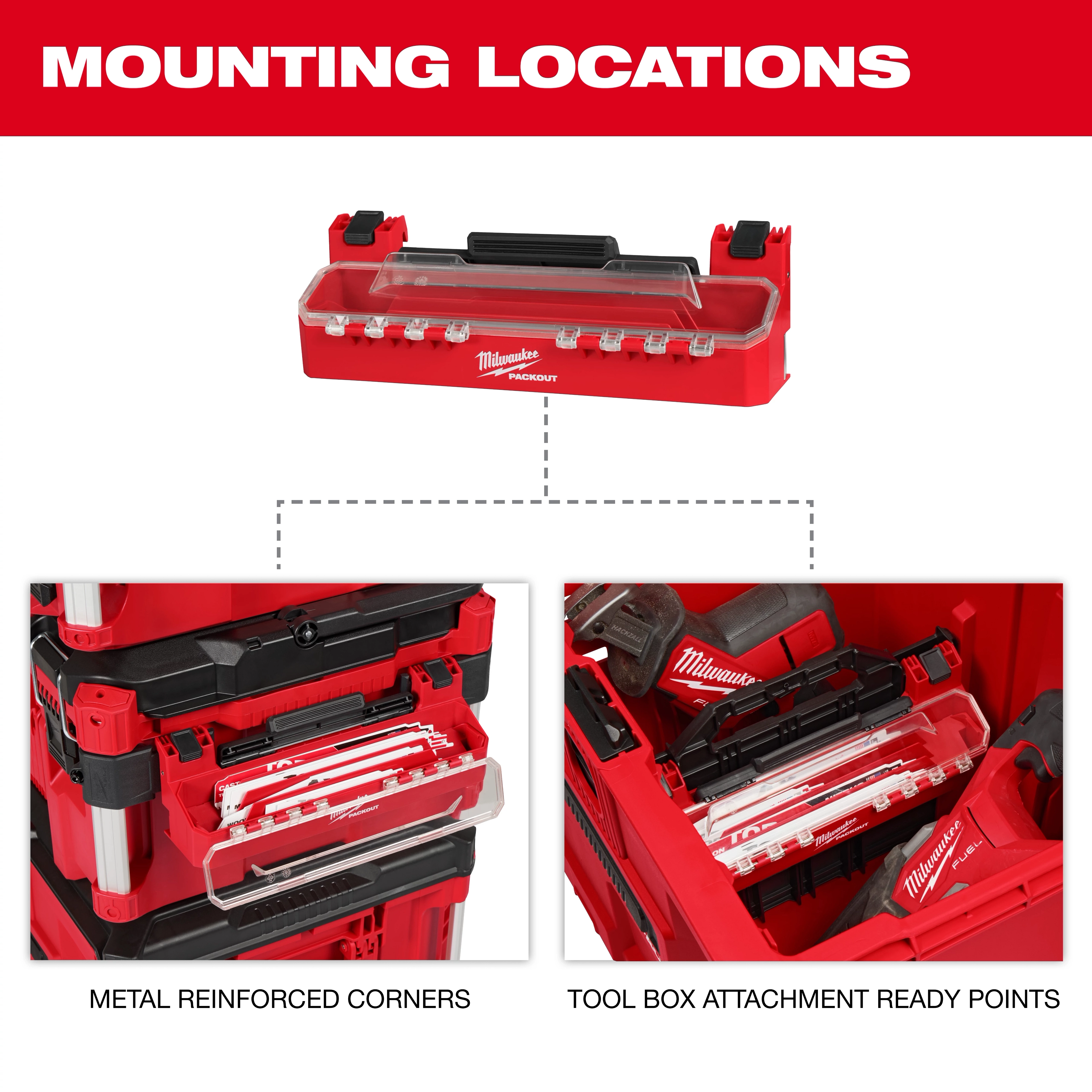 PACKOUT Tool Box Accessory Case Attachment with metal reinforced corners and toolbox attachment ready points shown.