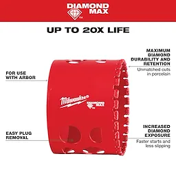 Milwaukee 2-3/8" Diamond Max Hole Saw, red with multiple cutting edges, features for use with arbor, easy plug removal, and increased diamond exposure.