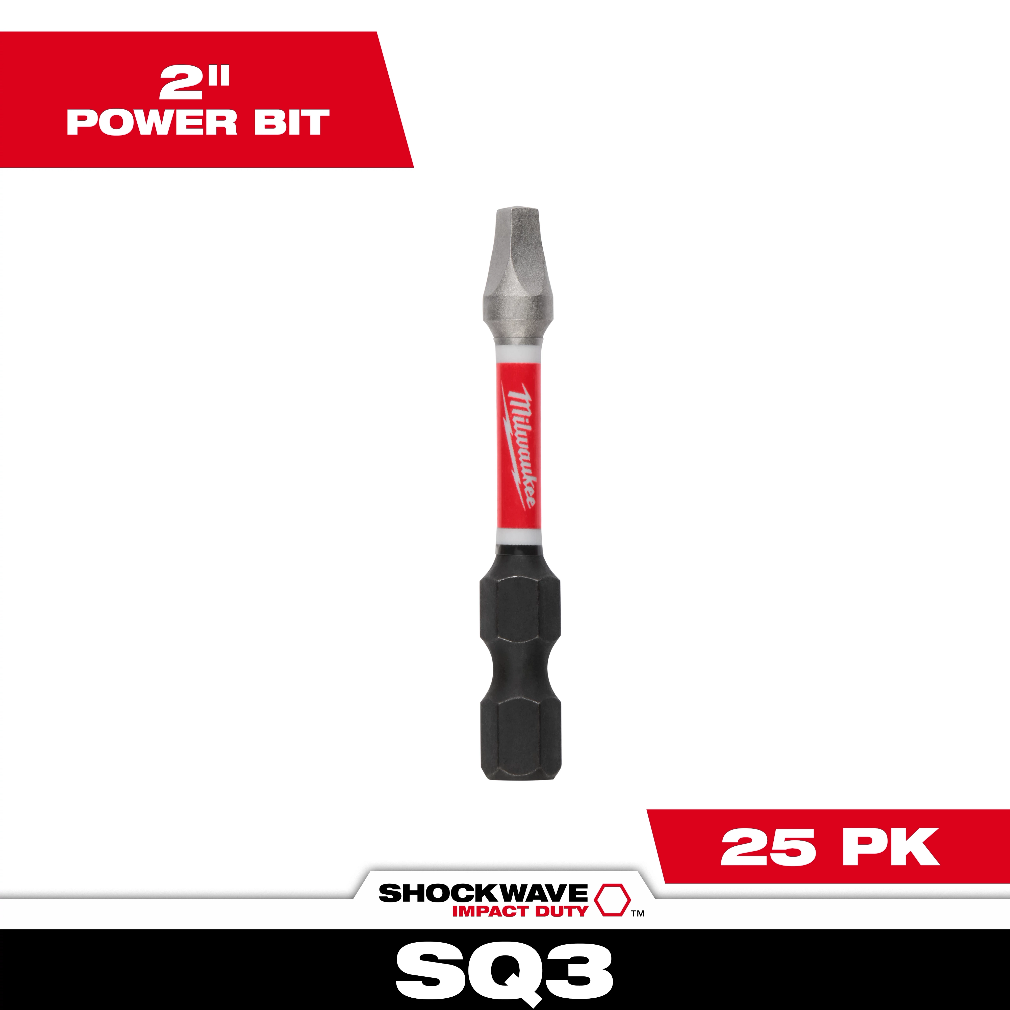 The image displays SHOCKWAVE™ 2” Impact Duty Square Recess #3 Power Bits Bulk 25. The bit is two inches long, with a red and silver Milwaukee label in the center and a black hex shank. Packaging indicates it comes in a 25-pack.