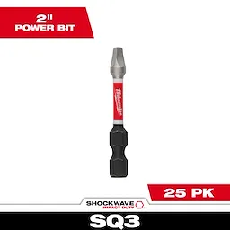 The image displays SHOCKWAVE™ 2” Impact Duty Square Recess #3 Power Bits Bulk 25. The bit is two inches long, with a red and silver Milwaukee label in the center and a black hex shank. Packaging indicates it comes in a 25-pack.