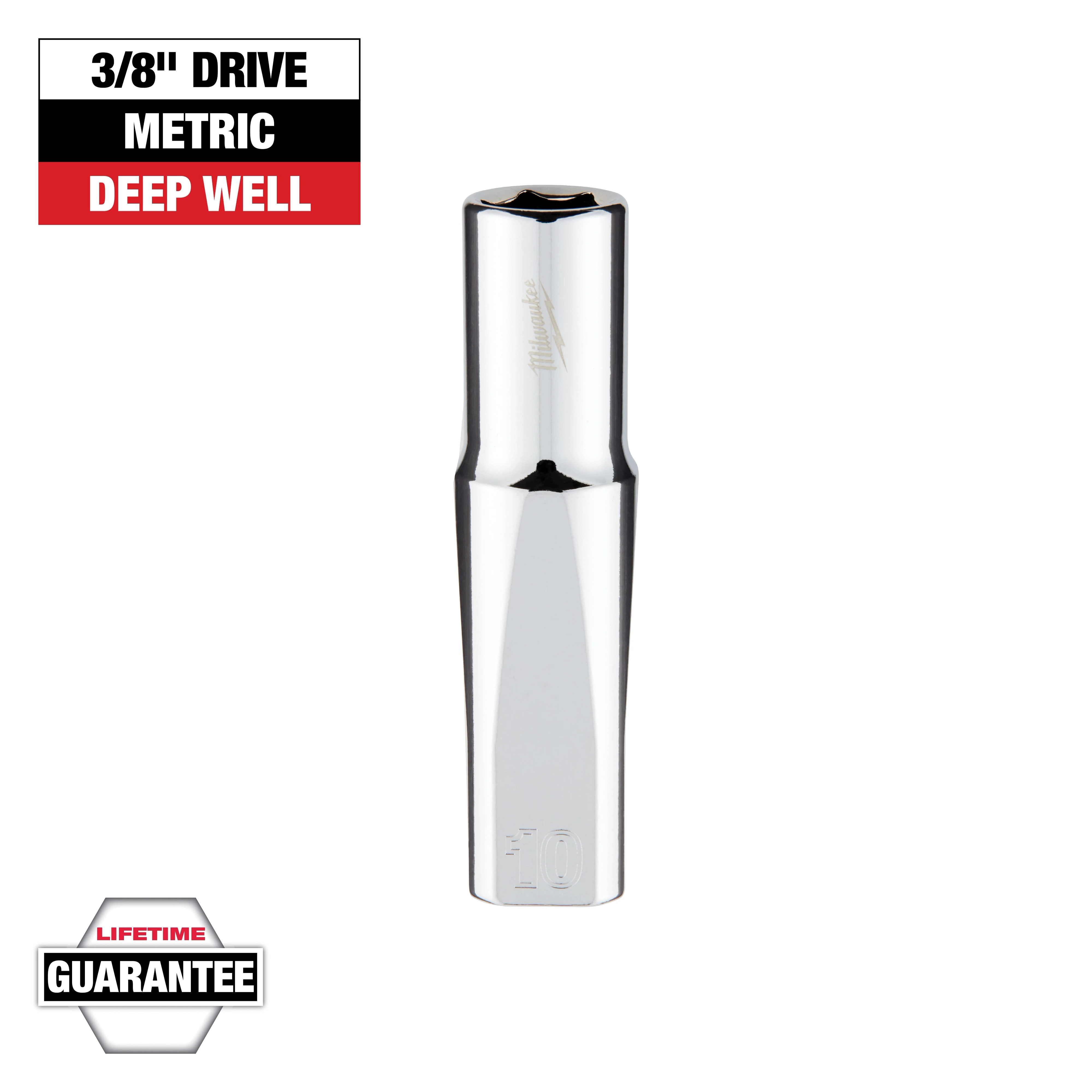 The image shows a 3/8'' drive metric deep well socket with a polished chrome finish. The top-left labels indicate "3/8'' Drive," "Metric," and "Deep Well." A "Lifetime Guarantee" badge is in the bottom-left corner. The socket size is 10 mm.