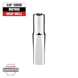 The image shows a 3/8'' drive metric deep well socket with a polished chrome finish. The top-left labels indicate "3/8'' Drive," "Metric," and "Deep Well." A "Lifetime Guarantee" badge is in the bottom-left corner. The socket size is 10 mm.