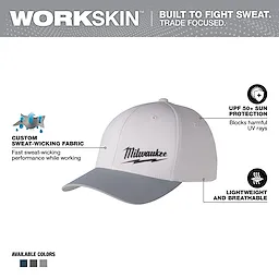 WORKSKIN Performance Fitted Hat - Gray Walkaround featuring custom sweat-wicking fabric, UPF 50+ sun protection, and lightweight breathable design.