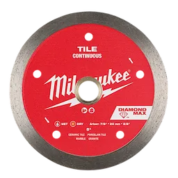 A red and silver 5" DIAMOND MAX™ Continuous, Tile Diamond Blade with the Milwaukee logo. It indicates usage for wet and dry cutting on ceramic tile, porcelain tile, marble, and granite. The arbor sizes are 7/8", 20mm, and 5/8".