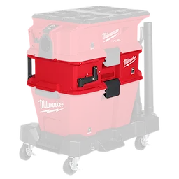 The image shows the Milwaukee Packout 2.5 Gallon Wet/Dry Vacuum. It features a red body with black handles, mounted on a wheeled base for easy mobility, and has Milwaukee logo branding. The product is shown alongside transparent images of compatible stackable components.