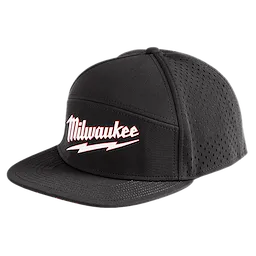 Flat Brim Snapback in black with a red and white “Milwaukee” logo on the front panel and perforated sides for ventilation.