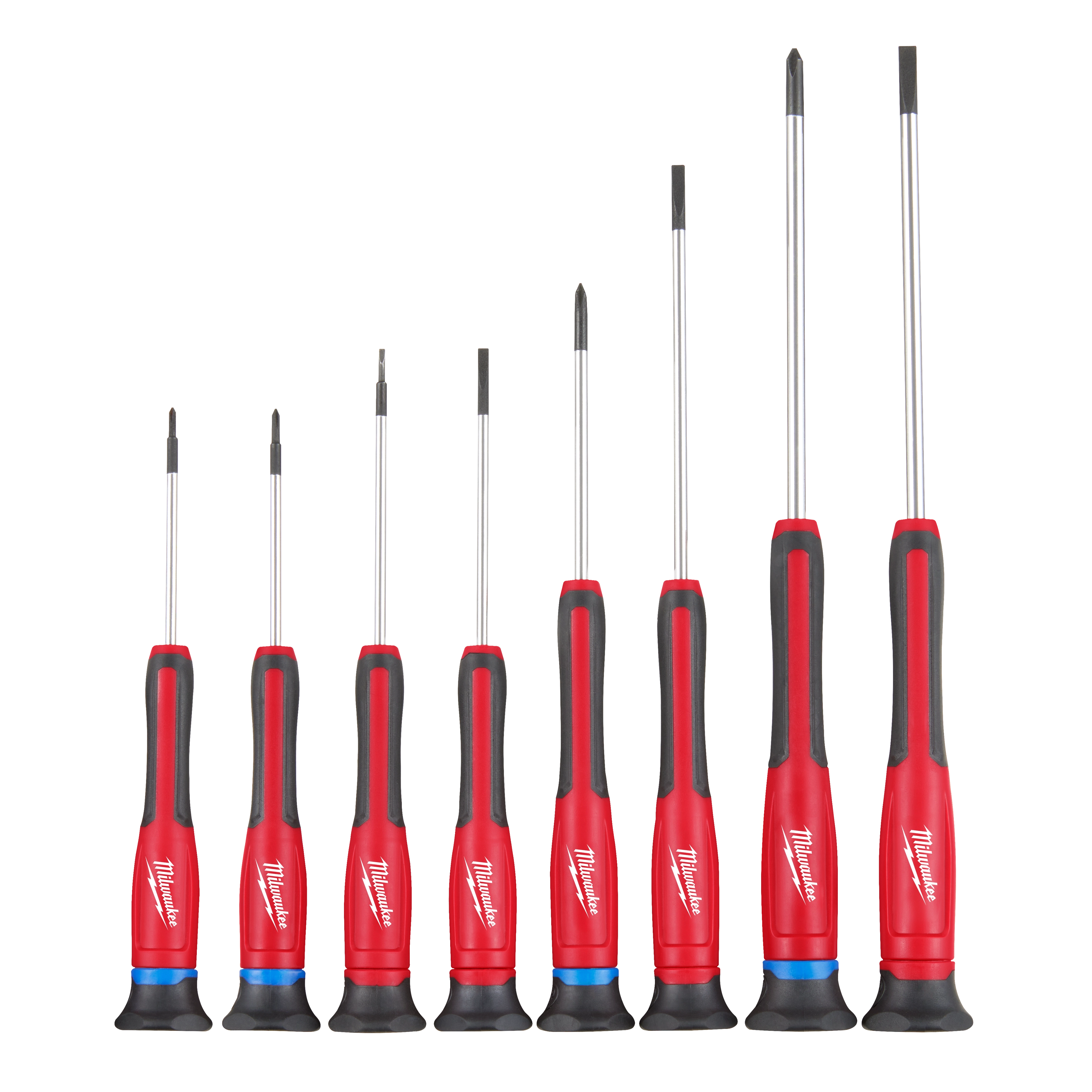 The 8PC Precision Screwdriver Set features eight red-handled screwdrivers of varying sizes, arranged from shortest to longest.