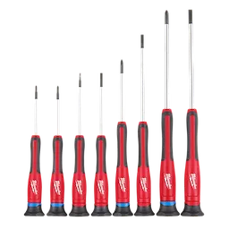 The 8PC Precision Screwdriver Set features eight red-handled screwdrivers of varying sizes, arranged from shortest to longest.