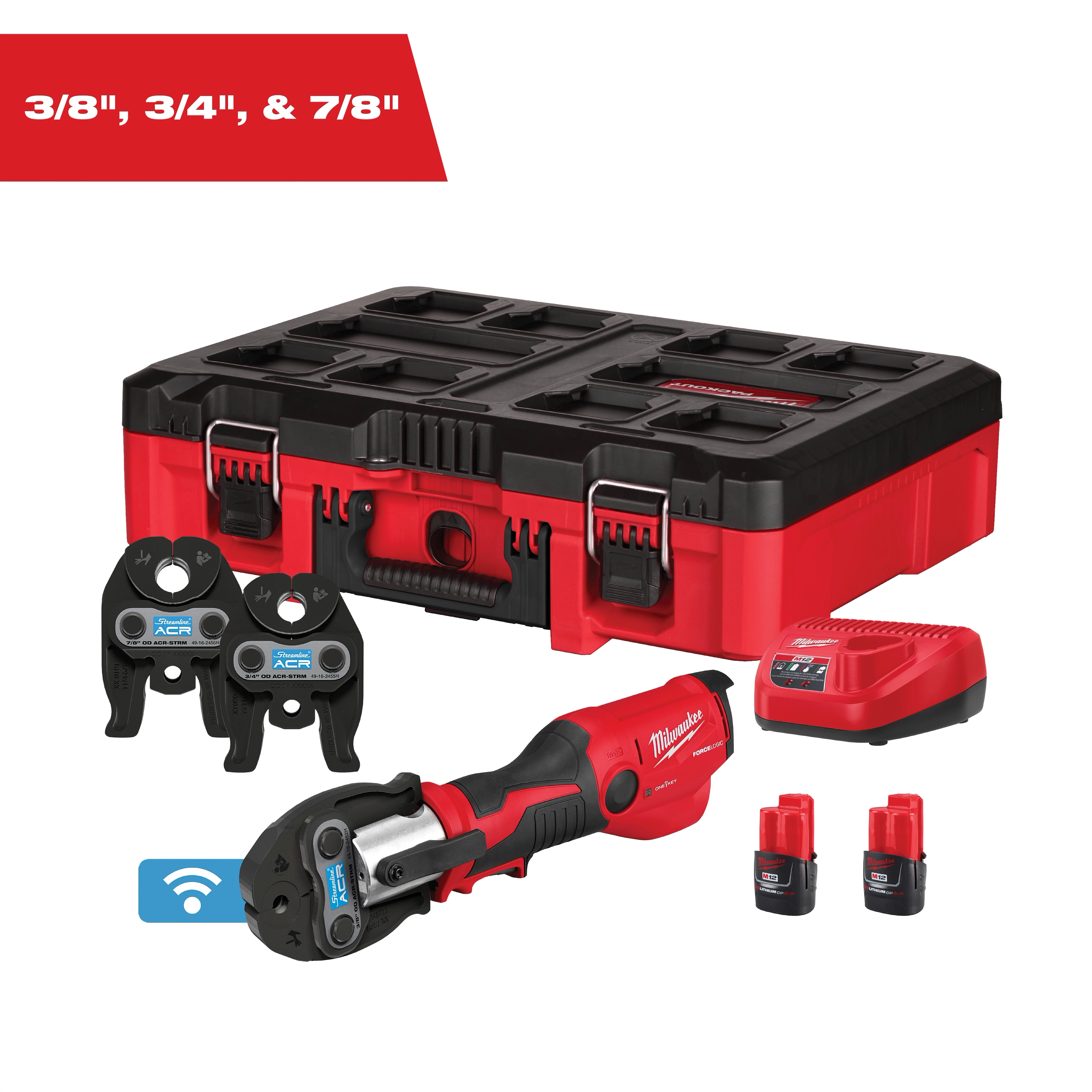 M12 FORCE LOGIC PRESS TOOL KIT w/ ONE KEY with 3/8", 3/4", & 7/8" Streamline ACR Press Jaws, case, charger, and batteries.