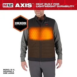 M12 Heated AXIS Jacket with Hexon Heat Technology, shown in black and grey. Model is 6' tall, wearing a large size.