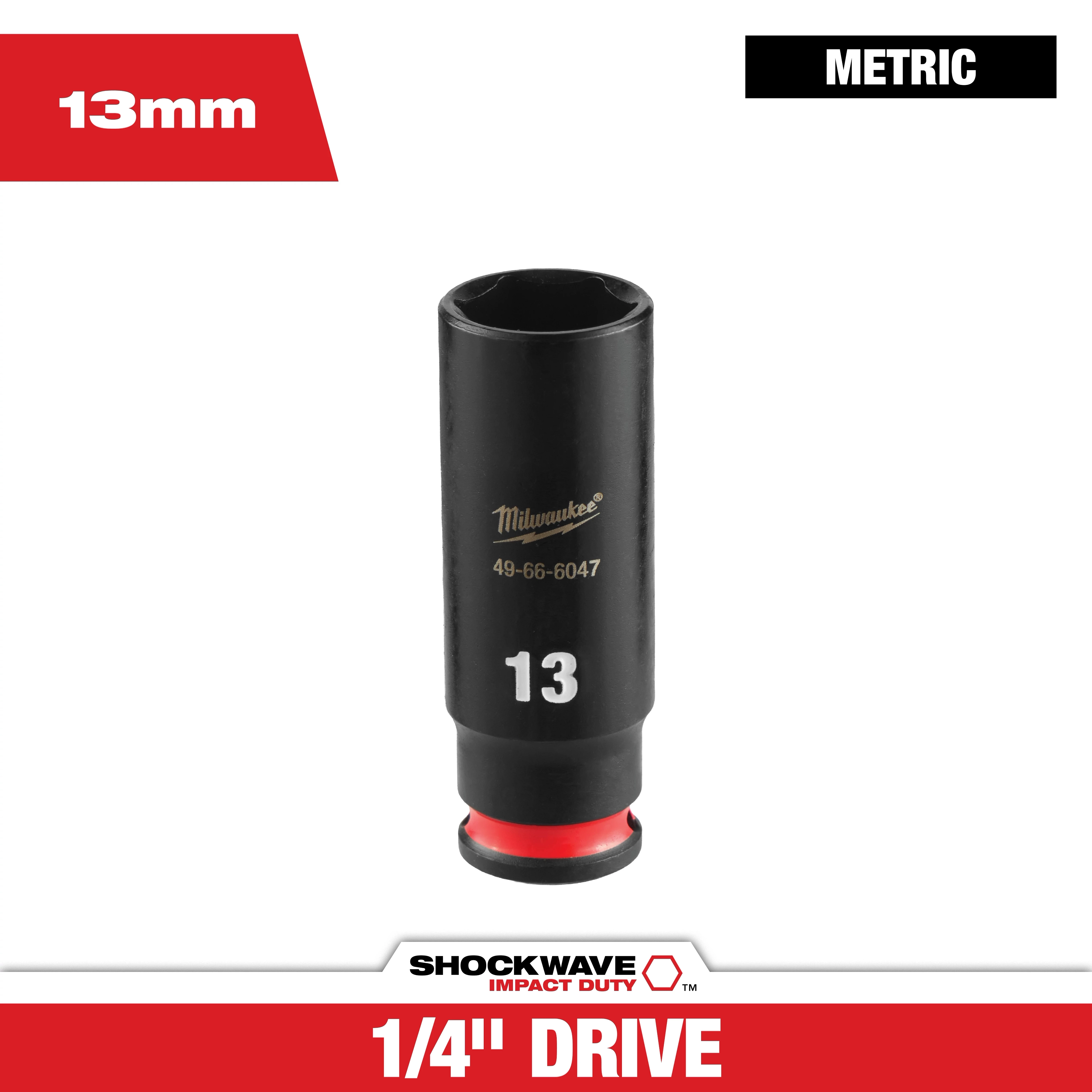 SHOCKWAVE Impact Duty 1/4" Drive 13MM Deep 6 Point Socket standing upright on a plain background.