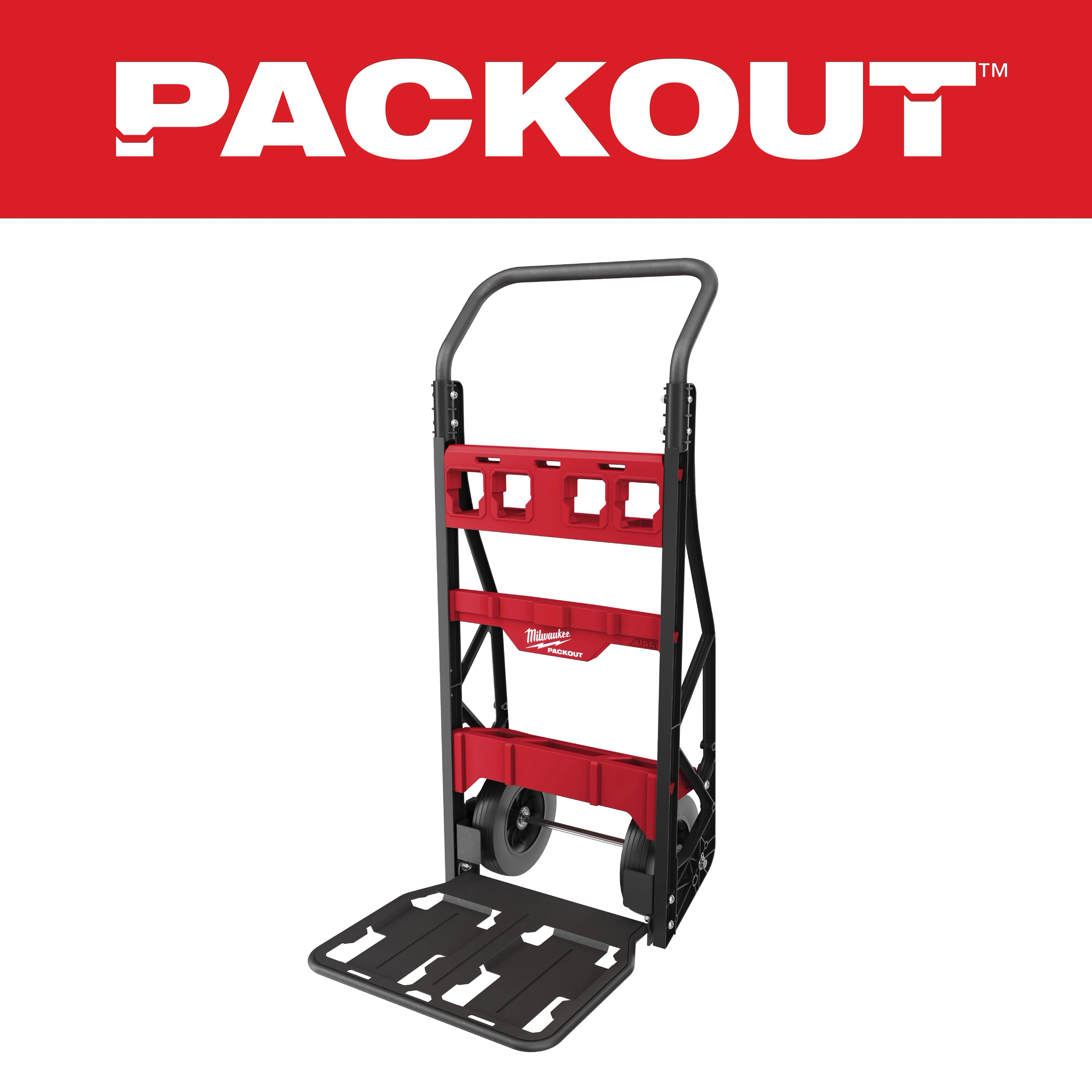 PACKOUT Primary Image, a black and red utility cart with a handle and two large wheels, designed for carrying heavy loads.