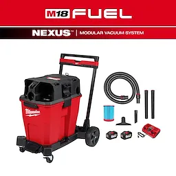 The M18™ FUEL™ NEXUS™ 12-Gallon Dual-Battery Wet/Dry Vacuum Kit includes a red and black vacuum with wheels and handle, hose, filter, two extension wands, nozzle, two batteries, and a charger. Branding and product name are displayed prominently above the vacuum system.