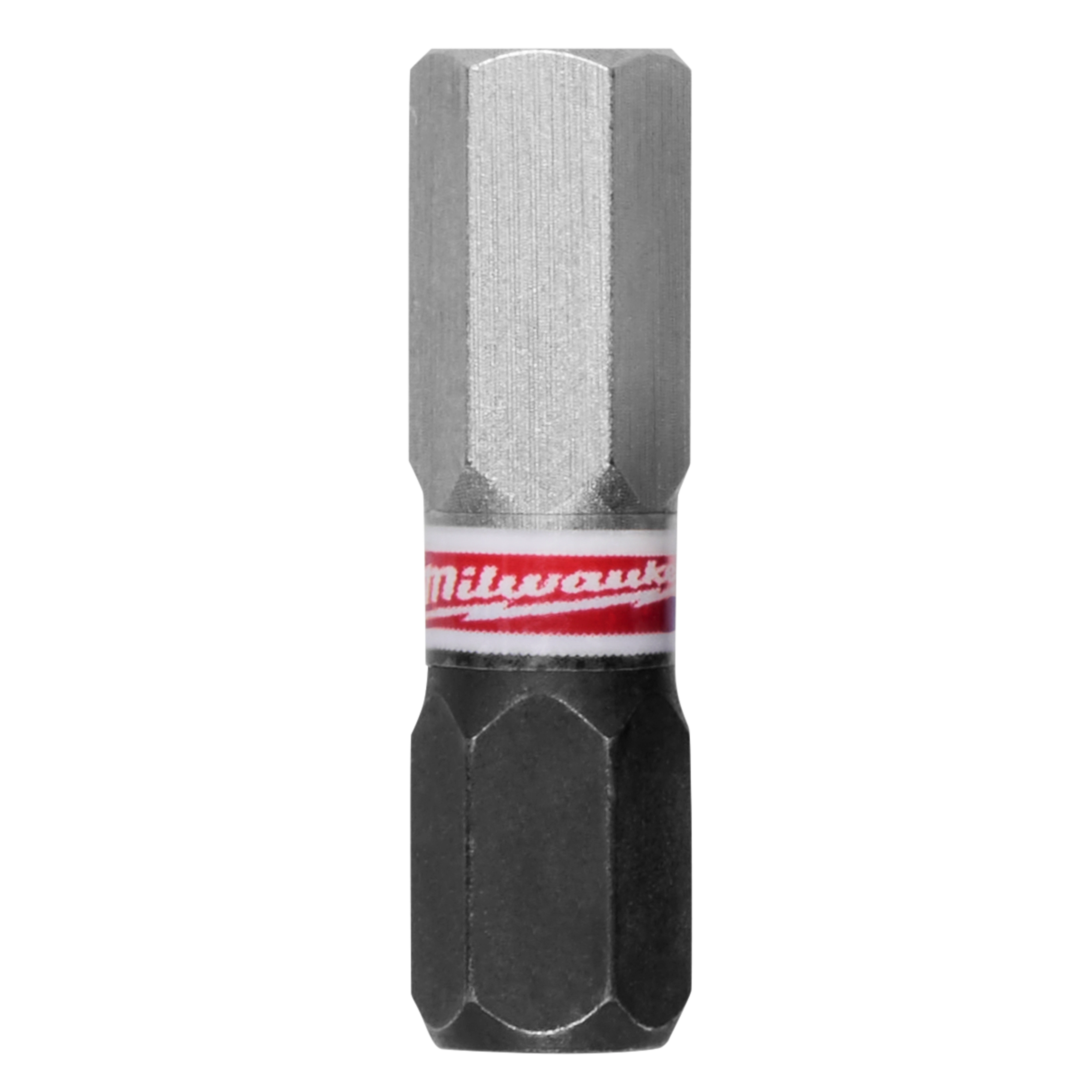Image of a SHOCKWAVE™ 1" Impact Duty Hex 1/4" Insert Bit in black and silver, with a red and white Milwaukee logo around the middle. The bit is designed for heavy-duty impact use and comes in a bulk pack of 25.