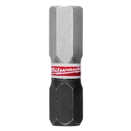 Image of a SHOCKWAVE™ 1" Impact Duty Hex 1/4" Insert Bit in black and silver, with a red and white Milwaukee logo around the middle. The bit is designed for heavy-duty impact use and comes in a bulk pack of 25.