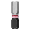 Image of a SHOCKWAVE™ 1" Impact Duty Hex 1/4" Insert Bit in black and silver, with a red and white Milwaukee logo around the middle. The bit is designed for heavy-duty impact use and comes in a bulk pack of 25.