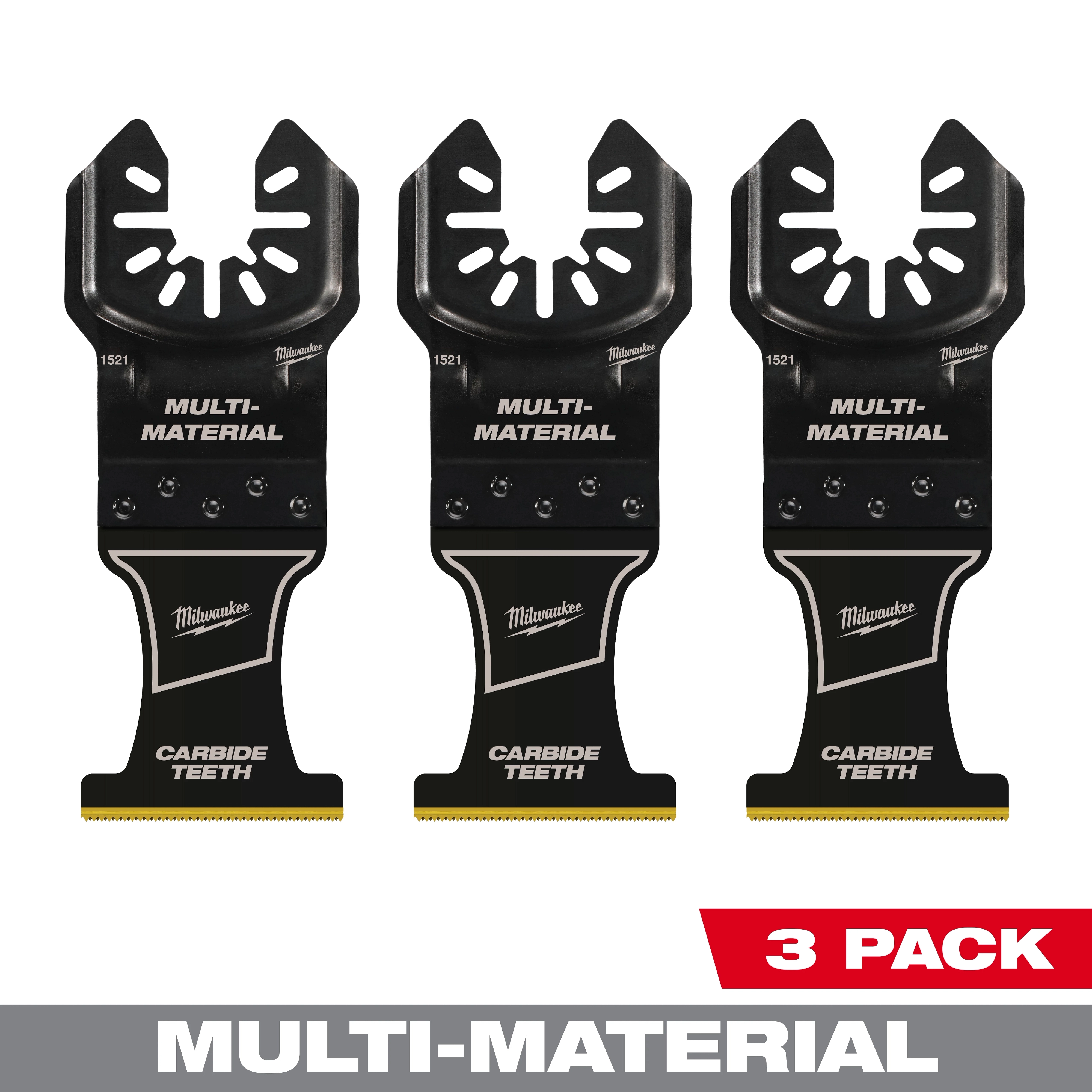 Three-pack set of Milwaukee 1-3/8" Carbide Teeth Multi-Material Multi-Tool Blades, displayed vertically with labels visible.