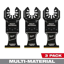 Three-pack set of Milwaukee 1-3/8" Carbide Teeth Multi-Material Multi-Tool Blades, displayed vertically with labels visible.