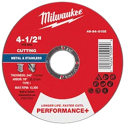 4-1/2" x .045" x 7/8" Performance+ Metal Cut Off Wheel - Type 1 for cutting metal and stainless steel.