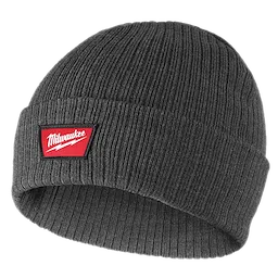 Gray rib-knit cuffed beanie with a red logo patch on the front. Product name: Rib-Knit Cuffed Beanie - Gray.
