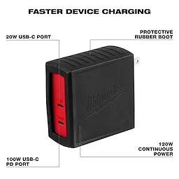 Black and red 120W USB-C 2-Port Wall Adapter featuring a 20W USB-C port, 100W USB-C PD port, and a protective rubber boot.