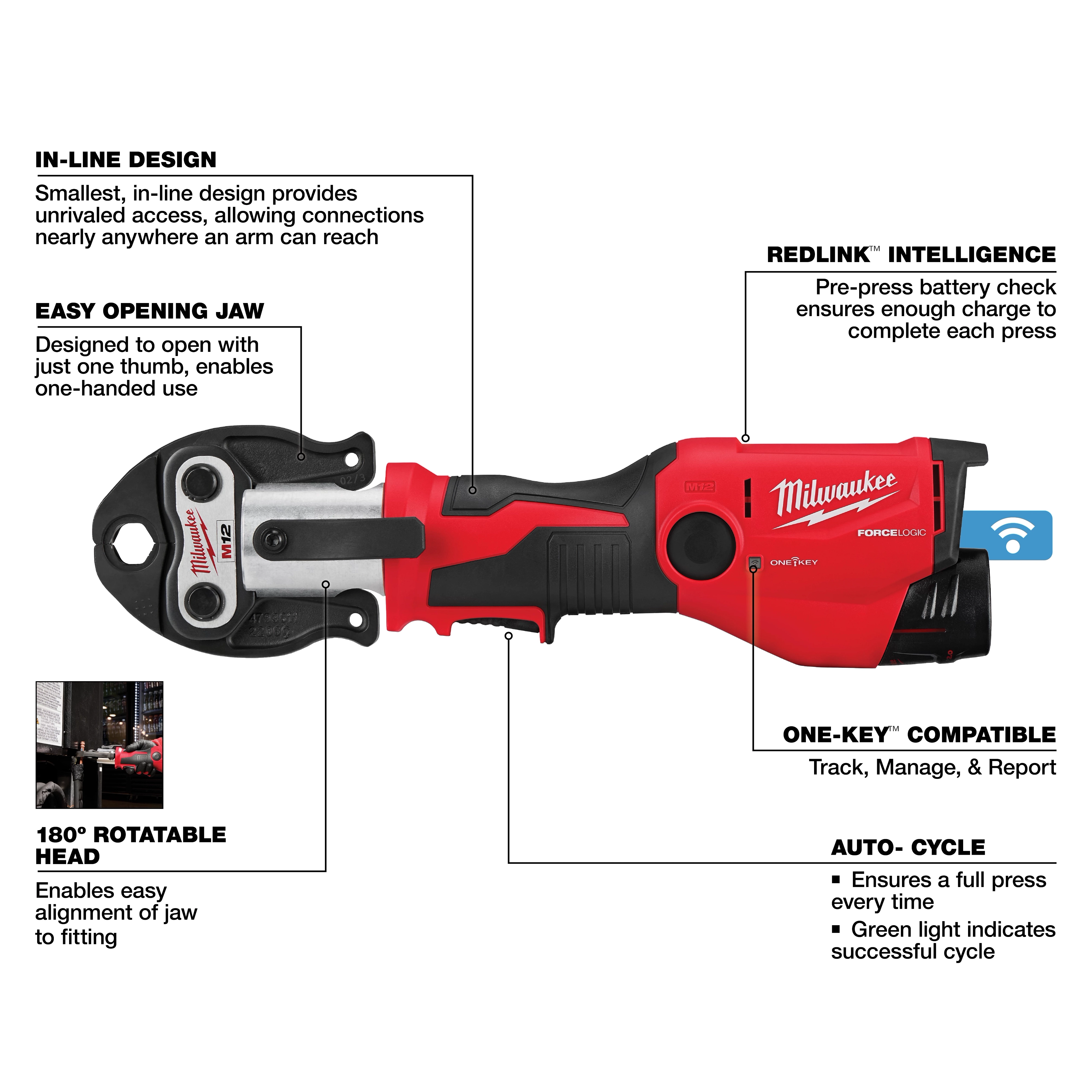M12 FORCE LOGIC Press Tool Kit w/ ONE-KEY. Features include an in-line design, easy opening jaw, 180° rotatable head, and auto-cycle.