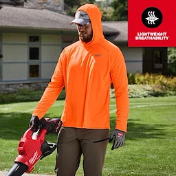 A person wearing an orange WORKSKIN Hooded Sun Shirt is standing on grass, holding a Milwaukee leaf blower. The shirt is noted for its lightweight breathability, indicated by the text and symbol in the upper right corner.