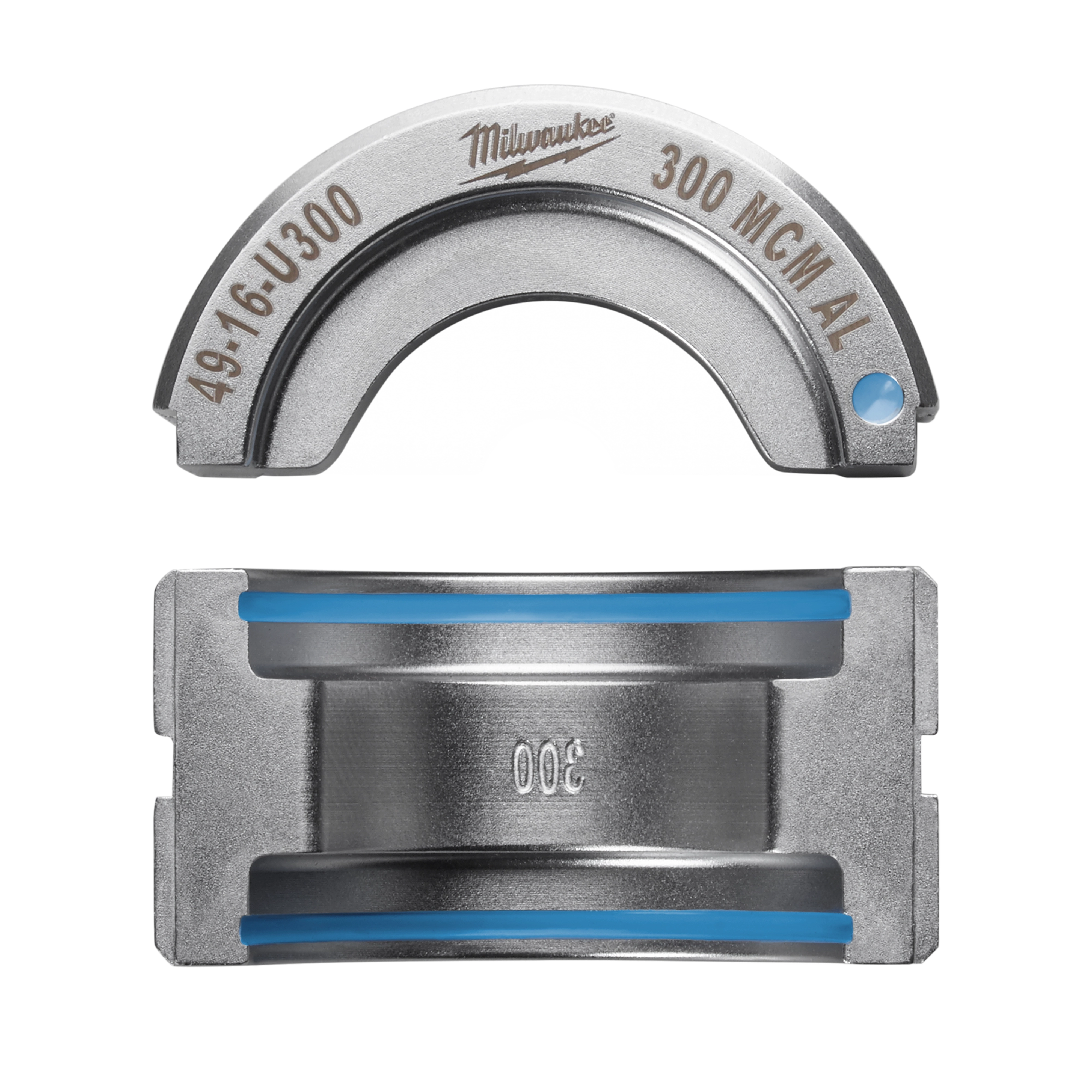 300 MCM Aluminum U Style Die is a metallic tool attachment with a semi-circular shape on top and a rectangular base on the bottom, featuring blue-lined grooves for secure fitting. The top portion is inscribed with '49-16-U300' and '300 MCM AL'.