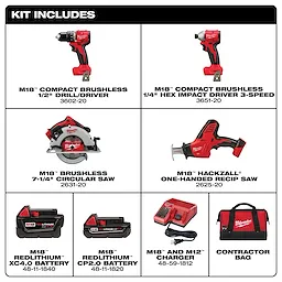 The M18 4-Tool Combo Kit includes a compact brushless 1/2" drill/driver, 1/4" hex impact driver, 3-speed, brushless 7-1/4" circular saw, Hackzall® one-handed recip saw, two Redlithium™ batteries, M18 and M12 charger, and a contractor bag.