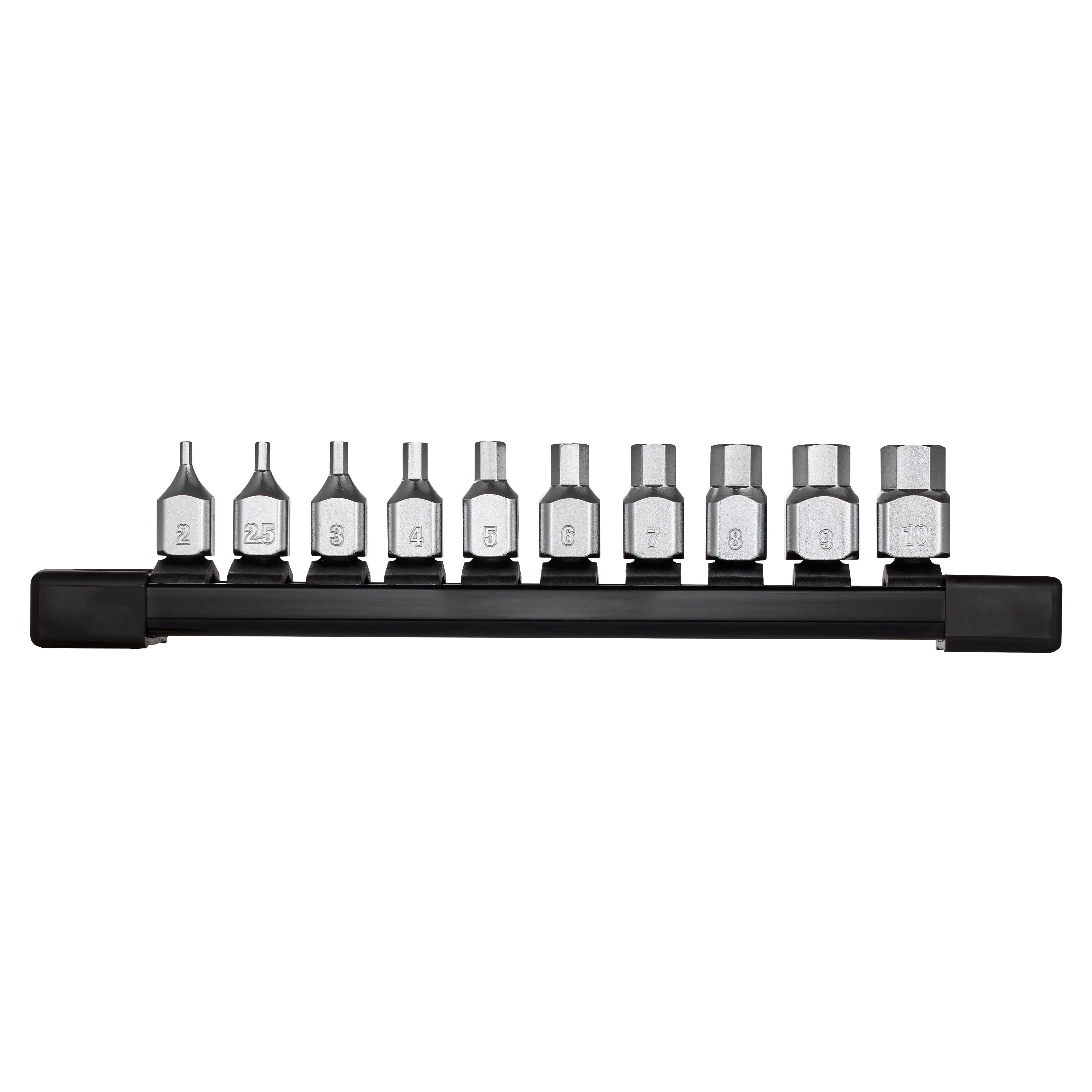 The 10pc 1/4” Drive Low-Profile Hex Bit Socket Set - Metric includes ten silver hex bits on a black holder. Each bit is labeled with its respective size, ranging from 2 to 8 millimeters and 10 millimeters. The design is compact and ideal for tight spaces.