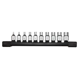 The 10pc 1/4” Drive Low-Profile Hex Bit Socket Set - Metric includes ten silver hex bits on a black holder. Each bit is labeled with its respective size, ranging from 2 to 8 millimeters and 10 millimeters. The design is compact and ideal for tight spaces.
