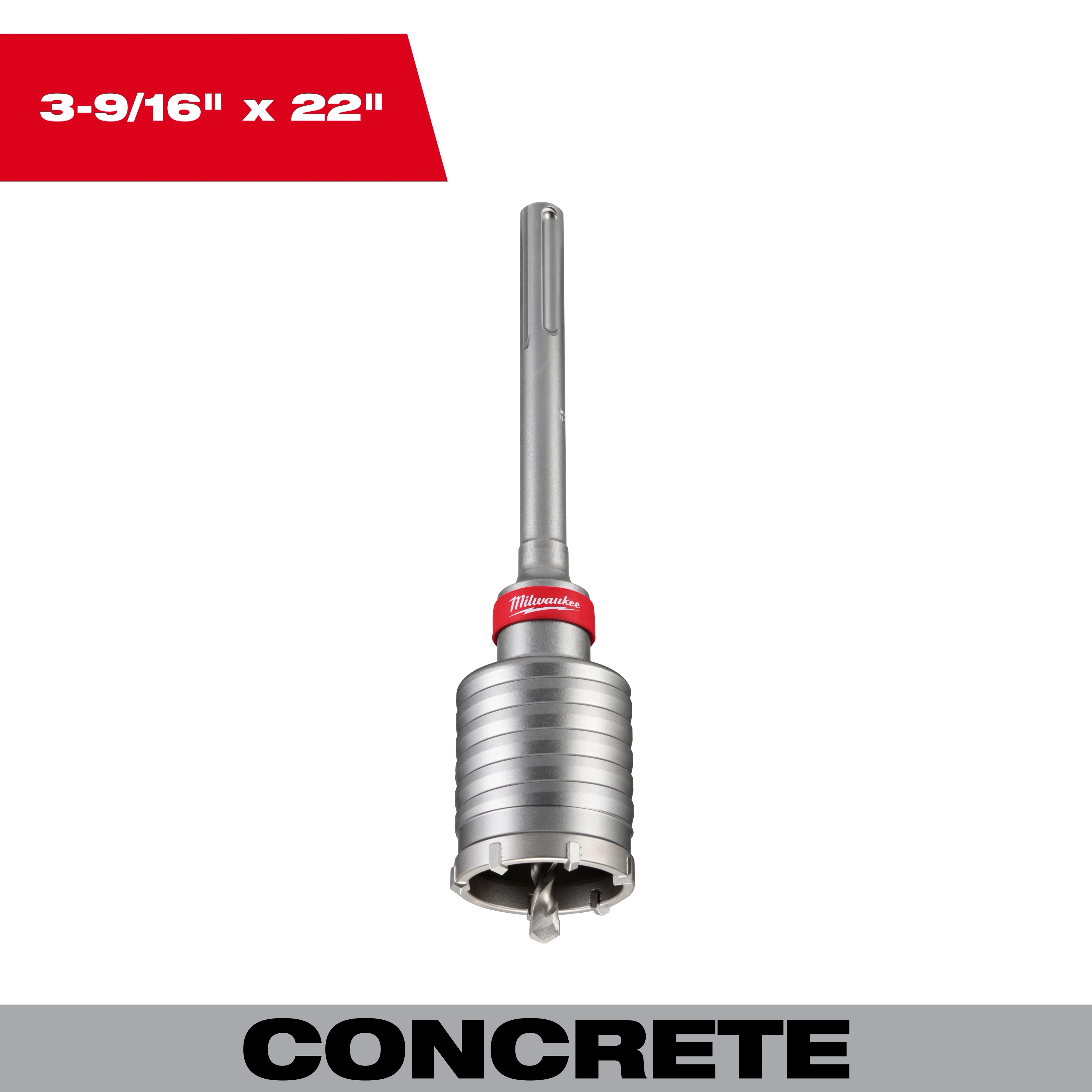 3-9/16" x 22" One Piece SDS Max Core Bit designed for concrete drilling. The bit is silver with a red collar.