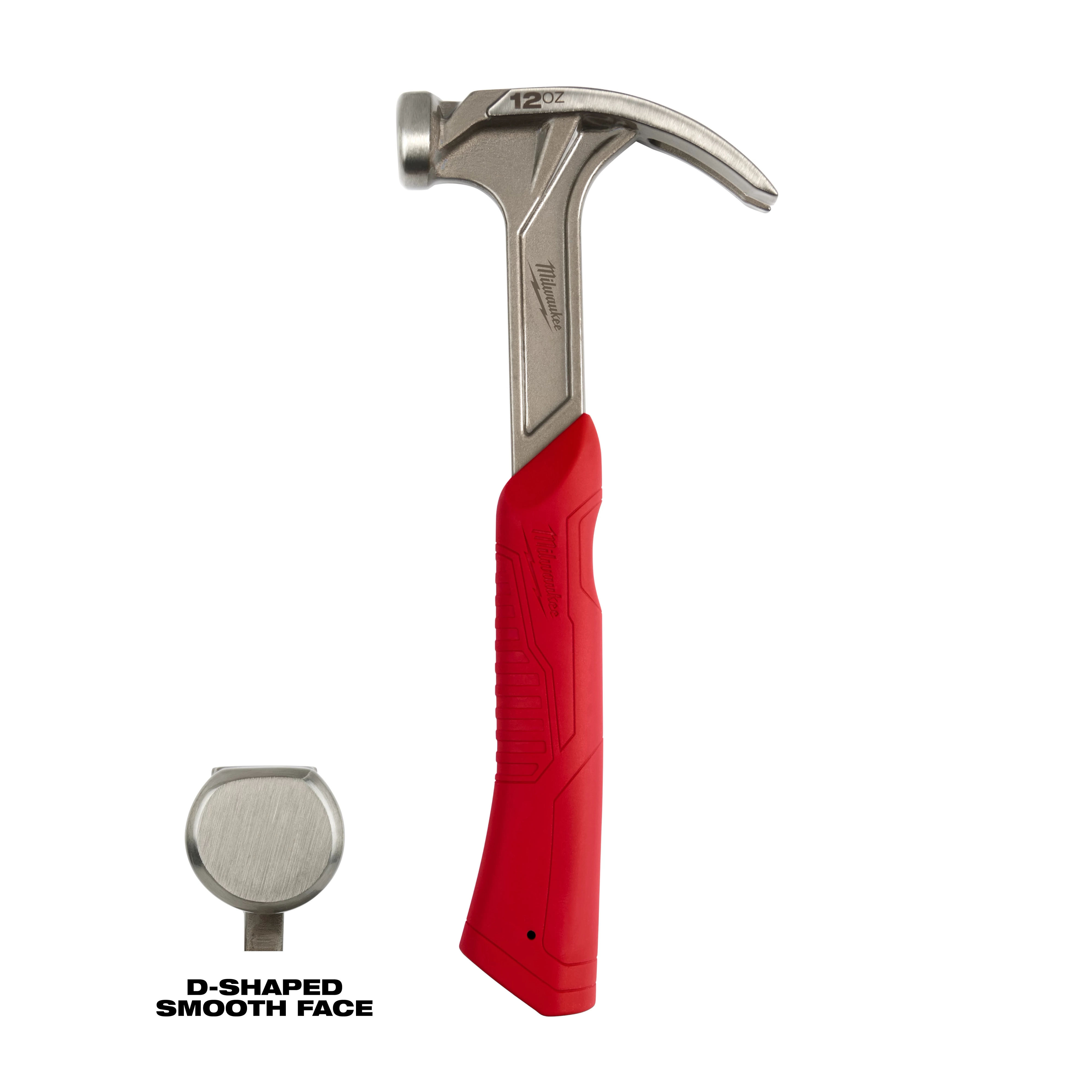 12oz Smooth Face Hybrid Claw Finish Hammer with a red ergonomic handle and metal head, featuring a smooth, D-shaped striking face.