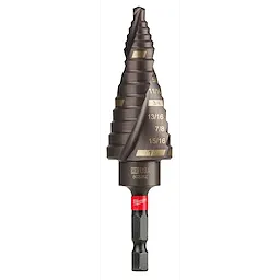 The Impact Step Drill Bit features a stepped design with multiple cutting increments labeled with sizes, ranging from 5/16 to 15/16 inches. It is made in the USA, noted on the bit, and includes a hexagonal shank for compatibility with impact drivers for versatile drilling applications.