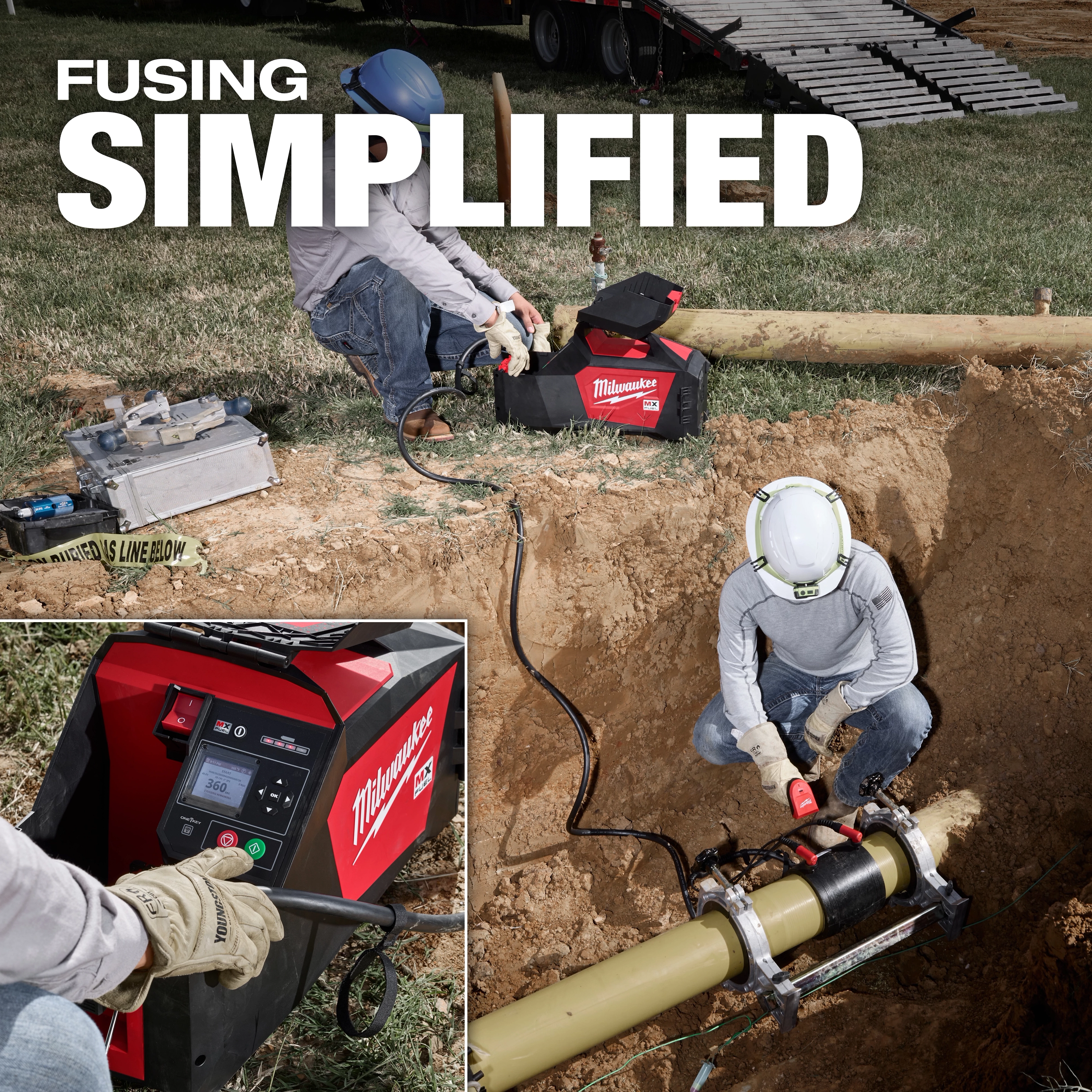 Two workers are operating the Milwaukee MX FUEL™ Electrofusion Processor on a construction site. The large text "FUSING SIMPLIFIED" is prominently displayed at the top. An inset image shows a close-up of the processor's control panel. Worker equipment and tools are visible.