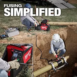 Two workers are operating the Milwaukee MX FUEL™ Electrofusion Processor on a construction site. The large text "FUSING SIMPLIFIED" is prominently displayed at the top. An inset image shows a close-up of the processor's control panel. Worker equipment and tools are visible.