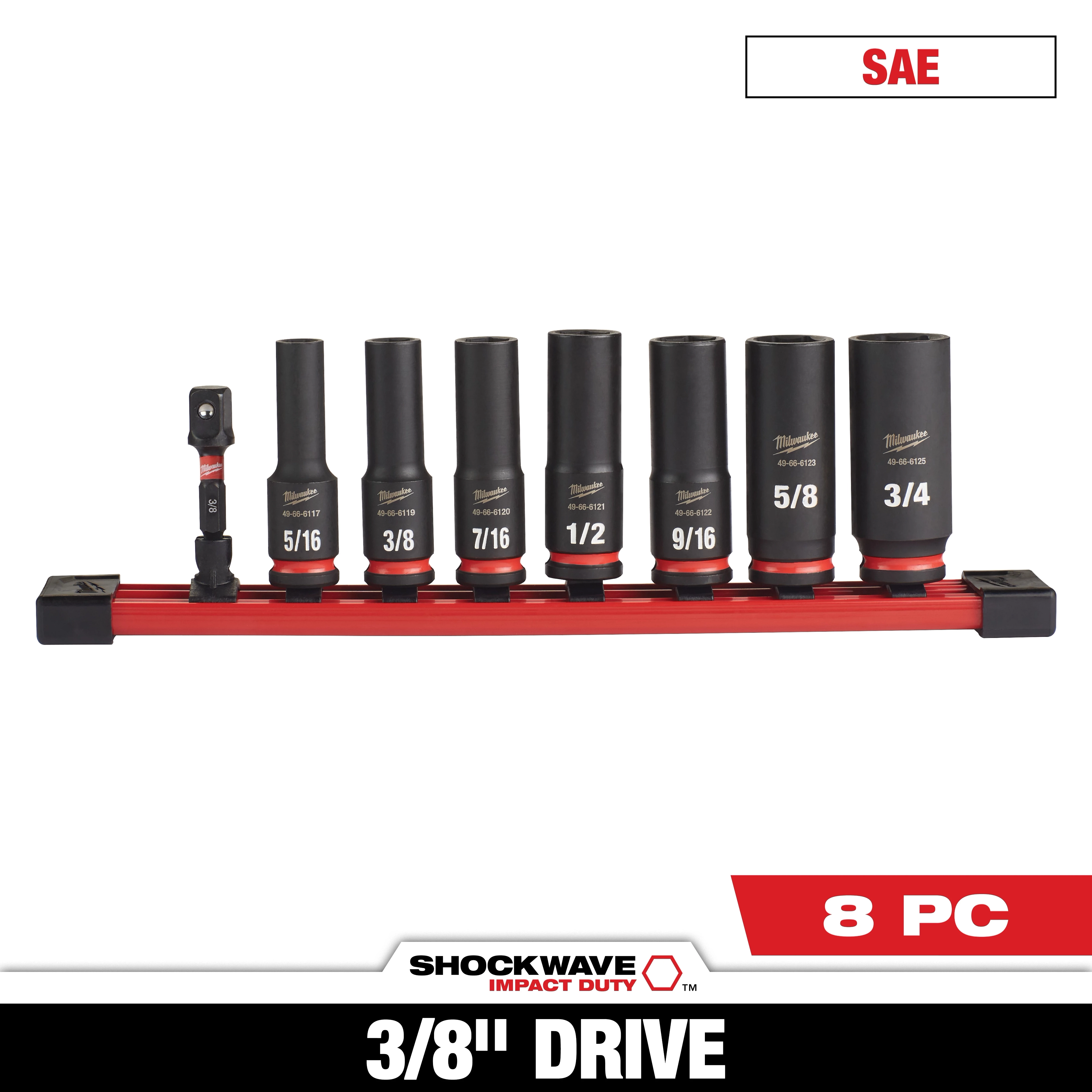 The SHOCKWAVE Impact Duty 3/8 in. SAE Deep Impact Rated Socket Set (8-Piece) includes various size sockets displayed on a red rail, with sizes ranging from 5/16 to 3/4 inch and an adapter. The sockets are designed for heavy-duty use. The set is labeled SAE and 8 PC.