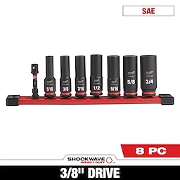 The SHOCKWAVE Impact Duty 3/8 in. SAE Deep Impact Rated Socket Set (8-Piece) includes various size sockets displayed on a red rail, with sizes ranging from 5/16 to 3/4 inch and an adapter. The sockets are designed for heavy-duty use. The set is labeled SAE and 8 PC.