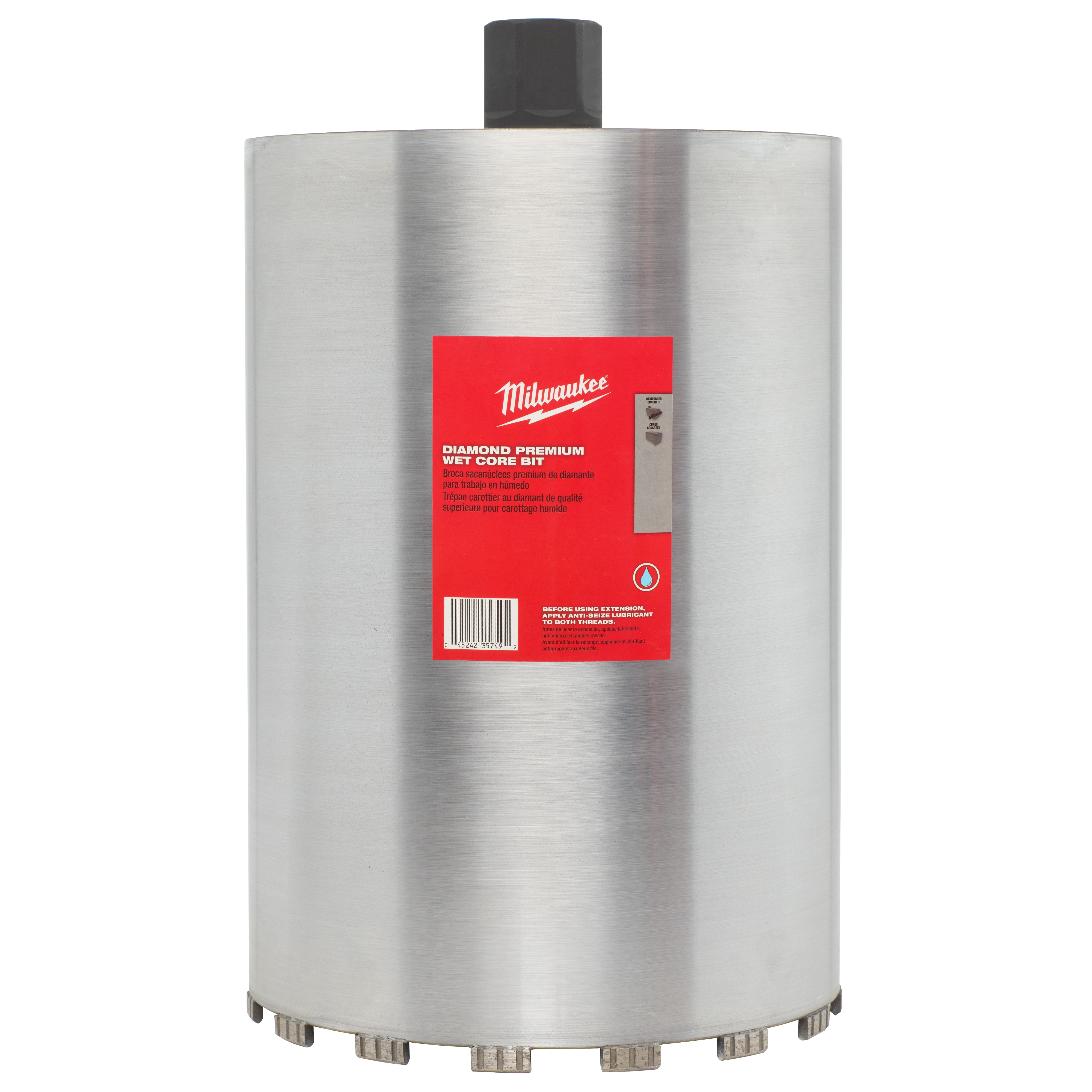 Milwaukee 10" Diamond Premium Wet Core Bit with silver body and red label is designed for drilling holes in concrete and masonry.