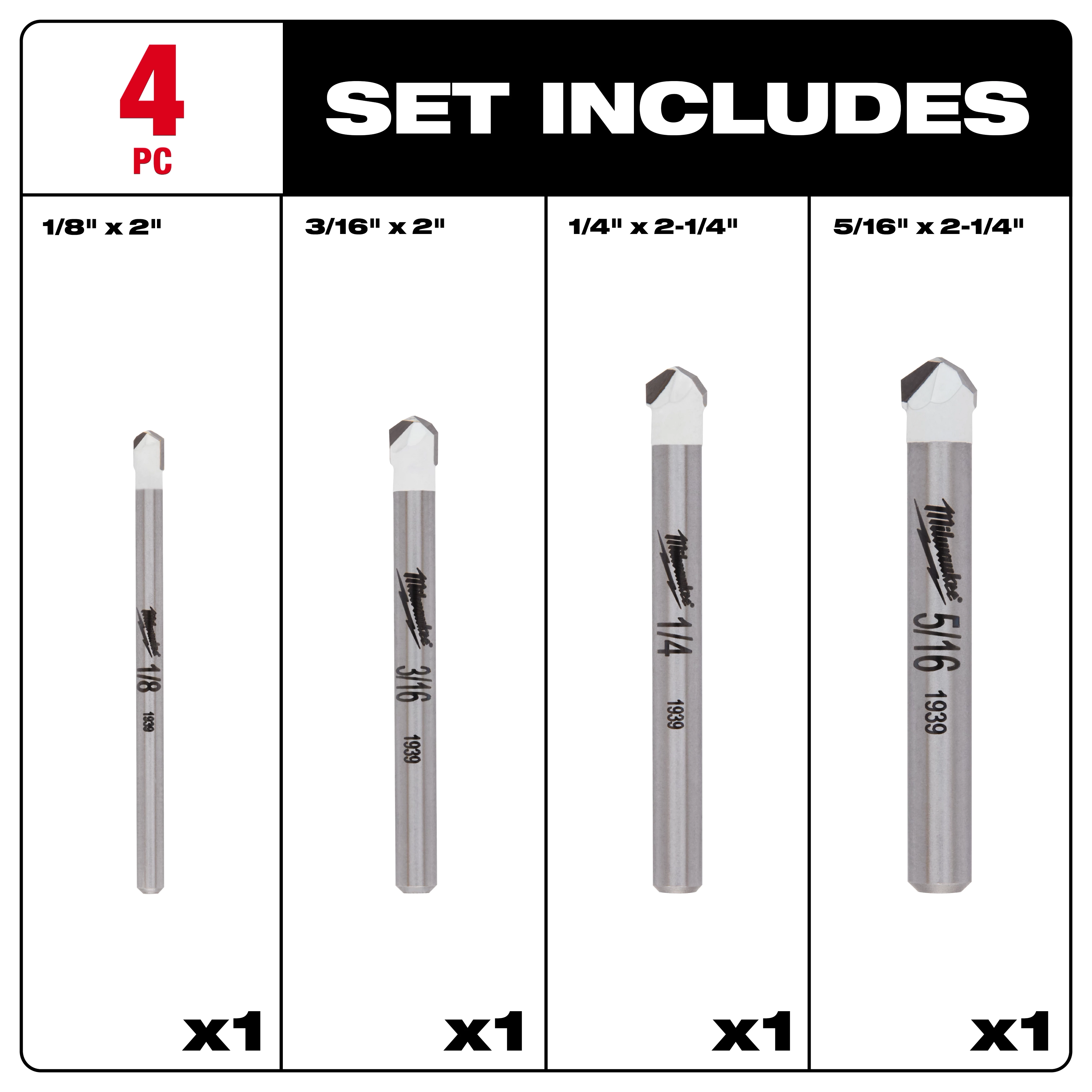 4PC NATURAL STONE BIT SET includes four drill bits: 1/8"x2", 3/16"x2", 1/4"x2-1/4", and 5/16"x2-1/4".