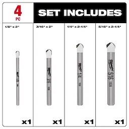 4PC NATURAL STONE BIT SET includes four drill bits: 1/8"x2", 3/16"x2", 1/4"x2-1/4", and 5/16"x2-1/4".