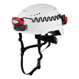 BOLT Rechargeable Low-Profile Headlamp mounted on a white safety helmet with black straps and a coiled cable connection.